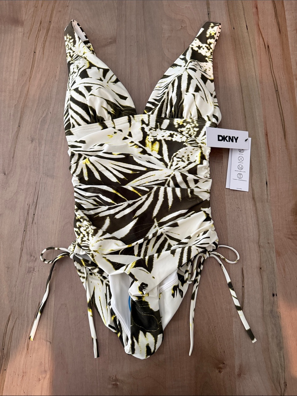 DKNY Olive, White & Yellow Palm-Print One-Piece Swimsuit